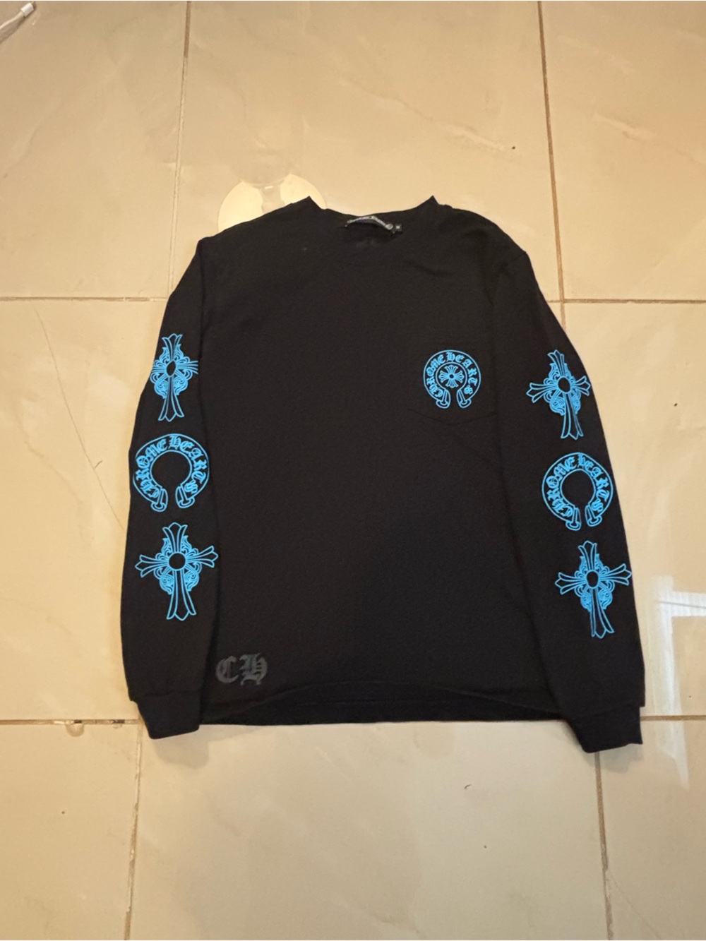 Chrome Hearts Black Bike Shorts with Blue Cross & Horseshoe Motifs